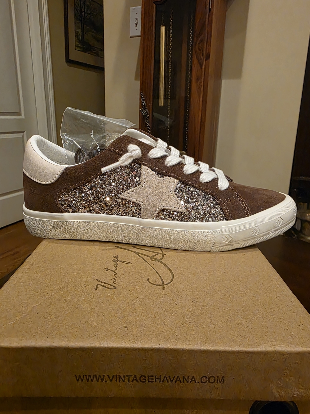 Vintage Havana Brown Glitter Star Sneaker with Tan Star